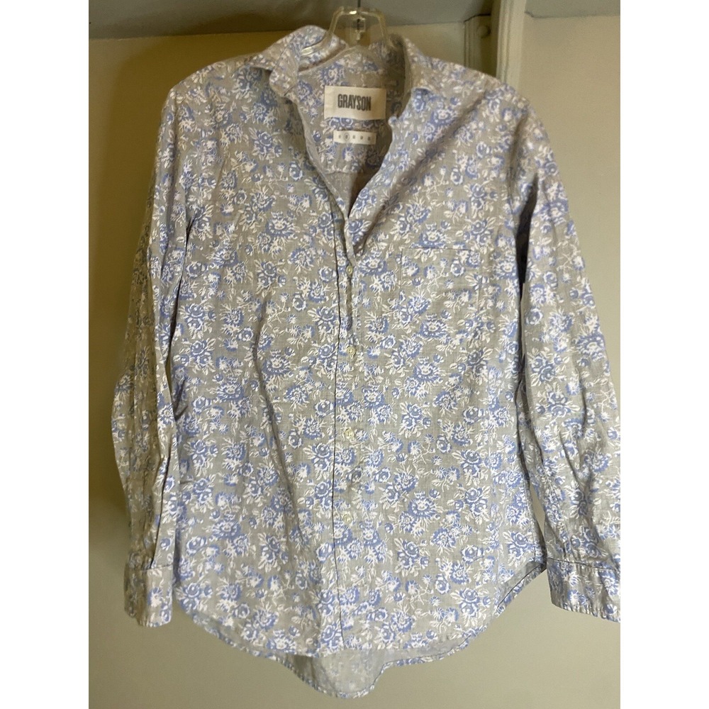 GRAYSON Hero Gray & Blue Floral Button Up Blouse 2 Small Cotton